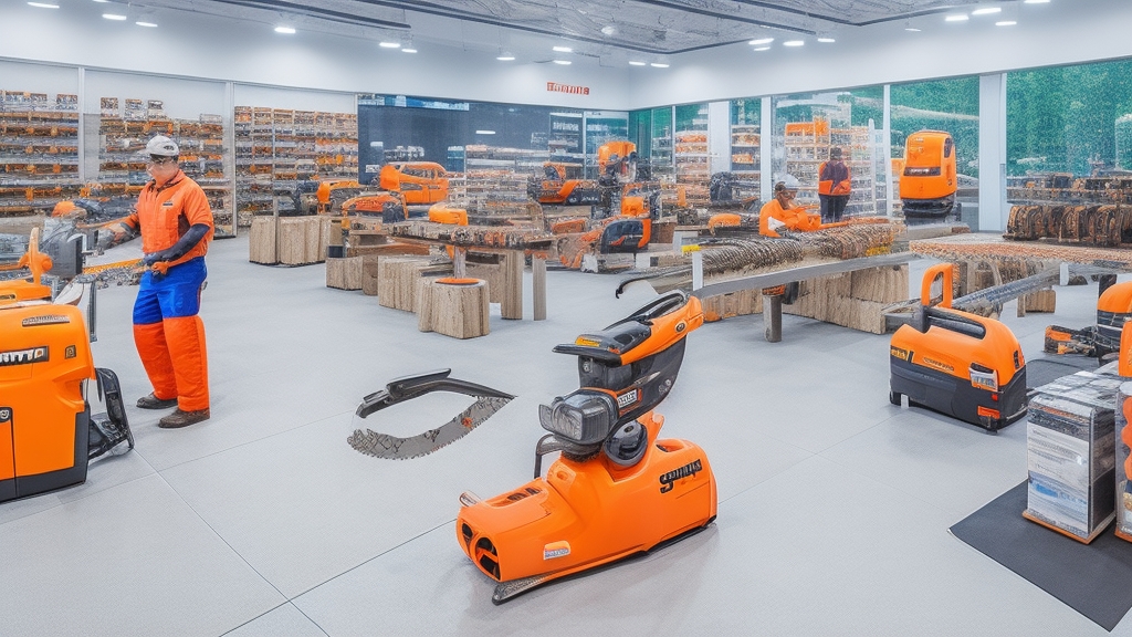Professzionális láncfűrész szaküzlet vásárló teszteli a különböző márkákat szakértő eladó segítségével rendezett bemutatóteremben
