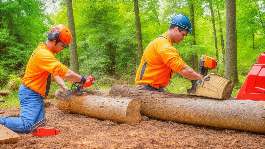 Lépésről lépésre láncfűrész vágási technika bemutatása keresztvágás módszerrel professzionális kezelő védőfelszerelésben