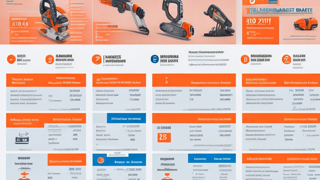 Részletes összehasonlító táblázat négy fő láncfűrész márkával teljesítmény mutatókkal és kulcsfontosságú jellemzőkkel professzionális infografika stílusban