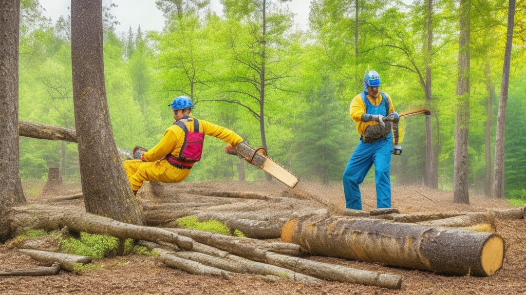 Professzionális favágó nagy teljesítményű láncfűrésszel vág vastag fatörzset erdei környezetben biztonsági felszerelésben
