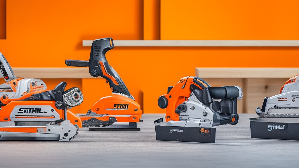 Stihl és Husqvarna láncfűrészek részletes összehasonlítása műhelyi asztalon márkalogókkal és technikai specifikációkkal